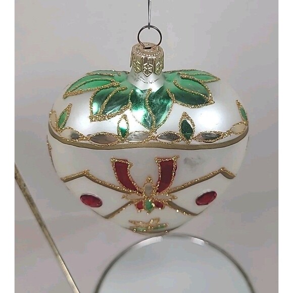 Vintage Christmas Ornament Glass Heart White W/ Gold/Red/Green - Picture 2 of 6
